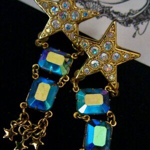 "KIRKS FOLLY VINTAGE STARS AND IRIDESCENT BLUE RHINESTONES PIERCED EARRINGS"